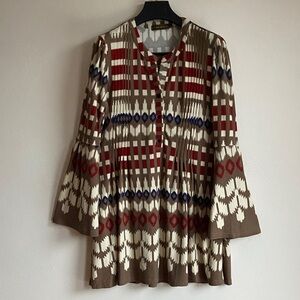 Ice silk  long-sleeved, patterned tunic dress 1XL